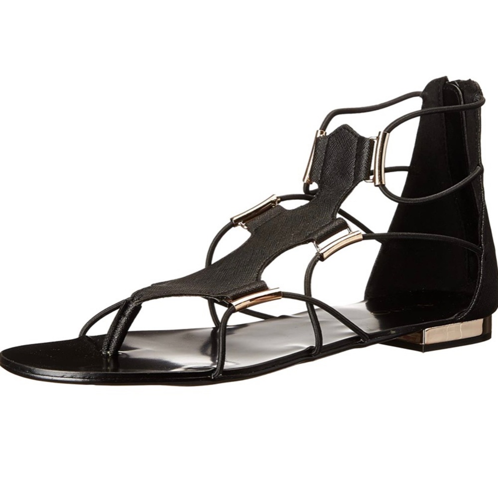 Black Gladiator Flat Sandals with Gold Accents